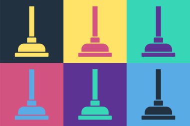 Boru temizleme ikonu için ahşap saplı Pop Art Lastik pompası renk arkaplanda izole edilmiş. Tuvalet pompası. Vektör.