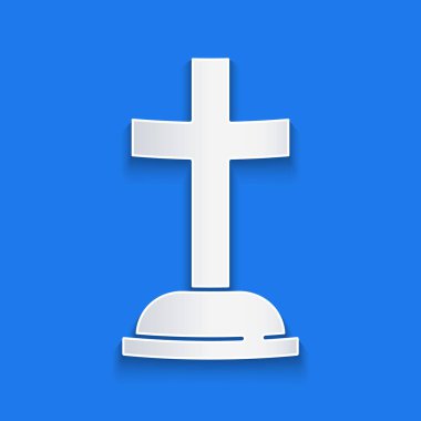 Kağıt kesiği Tombstone, mavi arka planda çapraz simge var. Mezar ikonu. Kağıt sanatı tarzı. Vektör.