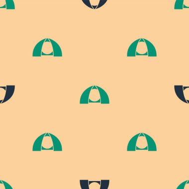 Yeşil ve siyah turist çadırı simgesi bej arka planda izole edilmiş pürüzsüz desen. Kamp sembolü. Vektör.