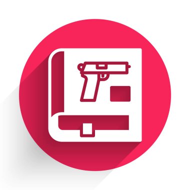 Uzun gölgeli tabanca ya da silah ikonlu beyaz kitap. Polis ya da askeri silah. Küçük ateşli silah. Silah kataloğu. Kırmızı daire düğmesi. Vektör.