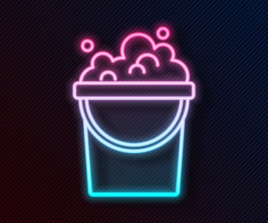 Siyah zemin üzerinde sabun köpüğü simgesi olan parlak neon hattı kovası. Sulu kase. Çamaşır yıkama, temizlik malzemeleri. Vektör.