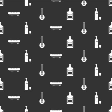 Viski şişesi, viski şişesi ve cam, kano ya da kano, kürek ve Banjo 'yu pürüzsüz desene ayarlayın. Vektör.