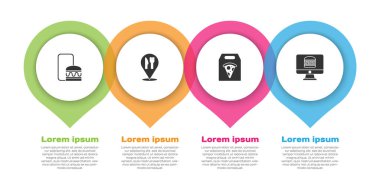 İnternetten sipariş ve teslimat ayarla, Cafe restoranının yeri, pizza ve... Ticari bilgi şablonu. Vektör.