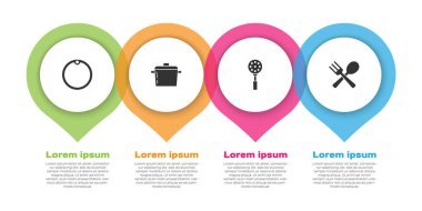 Kesme tahtası, pişirme kabı, Spatula ve çapraz çatal ve kaşık. Ticari bilgi şablonu. Vektör