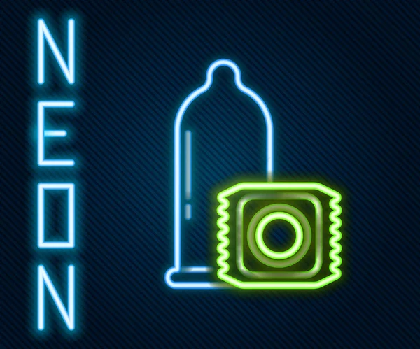 Glödande Neon Line Kondom Säker Sex Ikon Isolerad Svart Bakgrund — Stock vektor