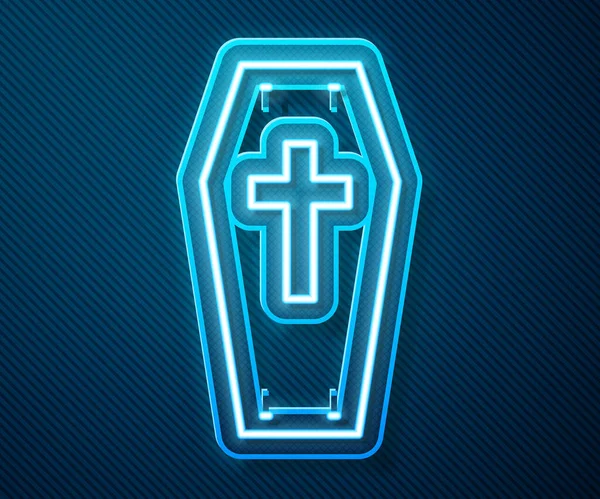 Glowing Neon Line Coffin Christian Cross Icon Isolated Blue Background - Stok Vektor