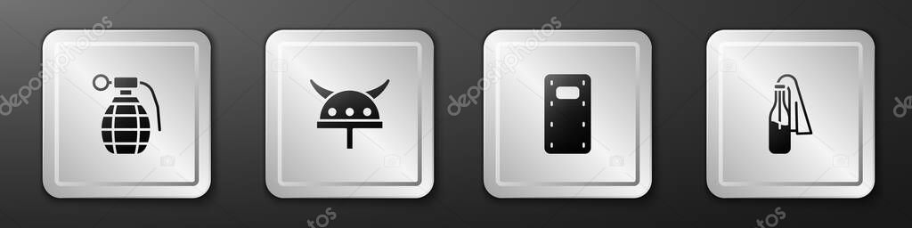 Set Hand grenade, Viking in horned helmet, Military assault shield and Cocktail molotov icon. Silver square button. Vector.