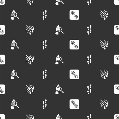 İnsan ayak izi ayakkabıları, paspas, ayak izleriyle büyüteç ve kusursuz desen. Vektör