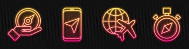Globe hattını uçan uçak, pusula, şehir haritası navigasyon ve pusula ile ayarla. Parlayan neon ikonu. Vektör.