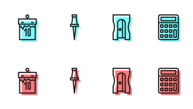 Kalem açacağı, takvim, pimi ve hesap makinesi simgesini ayarla. Vektör.