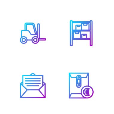 Euro sembollü Zarf, Forklift ve Depo hattını ayarlayın. Renk simgeleri. Vektör.