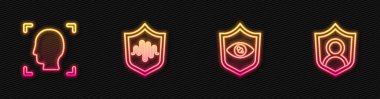 Hat kalkanı göz taraması, yüz tanıma, ses ve kullanıcı koruması ayarlayın. Parlayan neon ikonu. Vektör.