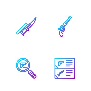 Silah kataloğu, tabanca ya da silah araması, süngülü tüfek ve tabanca. Renk simgeleri. Vektör.