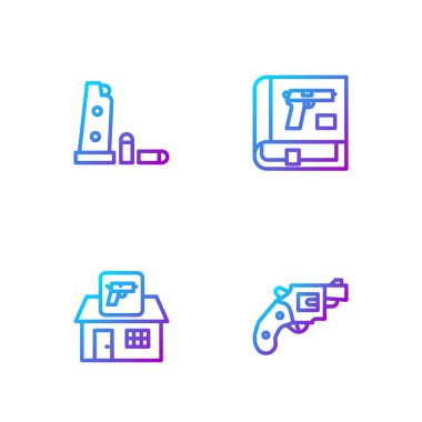 Sıraya dizilin küçük tabanca, av silahı, silah şarjörü, kurşunlar ve tabancalı kitap. Renk simgeleri. Vektör.