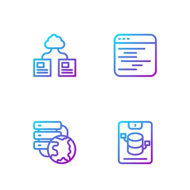 Satır Sunucusu, Data, Web Sunucusu, Ağ Bulutu bağlantısı, Bulut teknolojisi veri transferi ve yazılımı ayarla. Renk simgeleri. Vektör