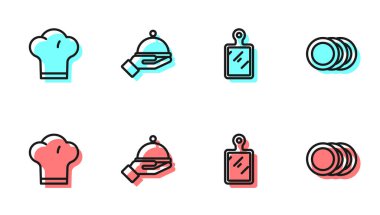 Hat kesme tahtası, Şef şapkası tepsi ve tabak ikonu ile kaplanmış. Vektör