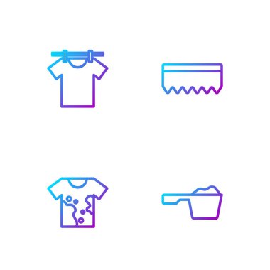 Çizgi temizleme tozu, kirli tişört, kurutma giysileri ve sünger. Renk simgeleri. Vektör