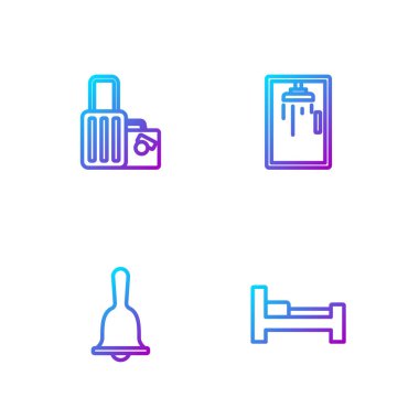 Hat otel odası yatağı, servis zili, bavul ve duş kabini. Renk simgeleri. Vektör