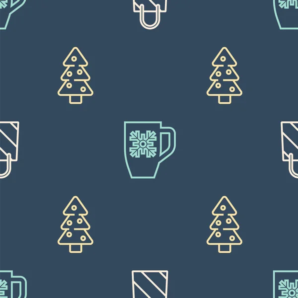 Set Line Weihnachts Einkaufstasche Baum Und Kaffeetasse Mit Schneeflocke Auf — Stockvektor