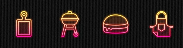 Set Line Burger Schneidebrett Grill Und Küchenschürze Leuchtende Leuchtschrift Vektor — Stockvektor