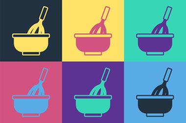 Arka planda izole edilmiş kase simgesi olan Pop Art Kitchen çırpıcısı. Mutfak aletleri, yumurta çırpıcı. Çatal bıçak seti. Yemek karışımı sembolü. Vektör.
