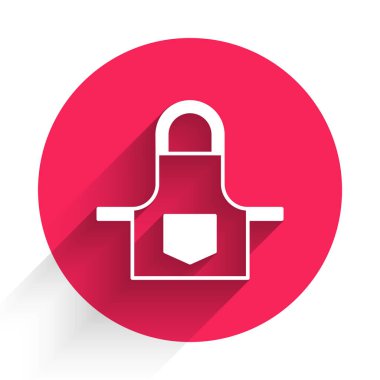 Beyaz Mutfak önlüğü uzun gölgeli izole edilmiş. Yemek pişirmek için şef üniforması. Kırmızı daire düğmesi. Vektör.