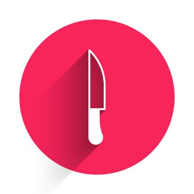 Beyaz Bıçak simgesi uzun gölgeli izole edilmiş. Çatal bıçak sembolü. Kırmızı daire düğmesi. Vektör.