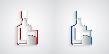 Kağıt kesiği viski şişesi ve gri arka planda izole edilmiş cam ikon. Kağıt sanatı tarzı. Vektör.