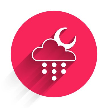 Yağmurlu beyaz bulut ve uzun gölgeli ay ikonu. Yağmur damlaları ile yağmur bulutu yağışı. Kırmızı daire düğmesi. Vektör.