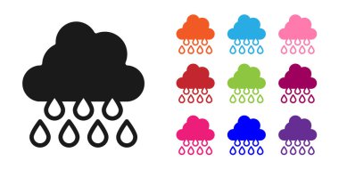 Beyaz arka planda izole edilmiş yağmur ikonu olan siyah bulut. Yağmur damlaları ile yağmur bulutu yağışı. Simgeleri renklendirin. Vektör.