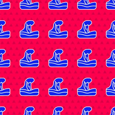 Mavi tsunami simgesi kırmızı arkaplanda izole edilmiş. Sel felaketi. Deniz kenarında fırtınalı bir hava, okyanus veya deniz dalgası veya tsunami. Vektör.