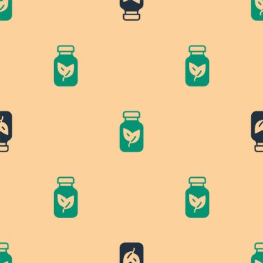 Yeşil ve siyah gübre şişesi ikonu bej arka planda izole edilmiş pürüzsüz desen. Vektör.