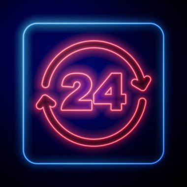 Parlayan neon telefon 24 saat destek ikonu siyah arkaplanda izole edildi. Tüm gün müşteri destek merkezi. Tam zamanlı çağrı servisi. Vektör.