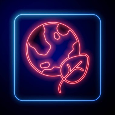 Parlayan neon dünya küresi ve yaprak ikonu parlayan neon arkaplanı izole etti. Dünya ya da Dünya işareti. Geometrik şekiller. Çevresel konsept. Vektör.