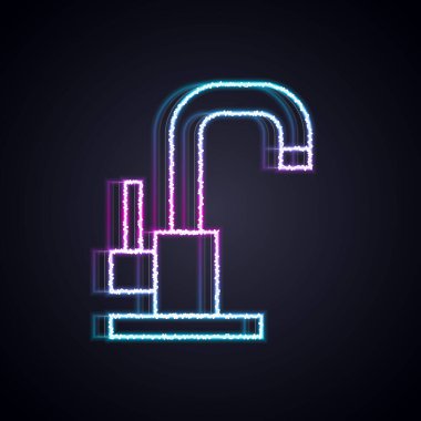 Parlayan neon hattı su musluğu simgesi siyah arkaplanda izole edildi. Vektör.