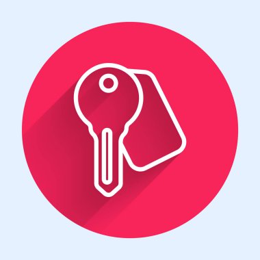 Beyaz Hat Otel kapı kilidi simgesi uzun gölgeli izole edilmiş. Kırmızı daire düğmesi. Vektör.