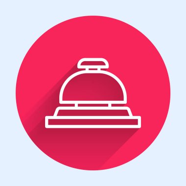 Beyaz Hat Otel servis çanı simgesi uzun gölgeli izole edildi. Resepsiyon zili. Kırmızı daire düğmesi. Vektör.