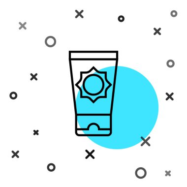 Beyaz arkaplanda izole edilmiş siyah çizgi güneş kremi ikonu. Cilt için güneş ultraviyole ışığından koruma. Rastgele dinamik şekiller. Vektör.