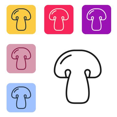 Siyah çizgi mantar ikonu Siyah çizgi arkaplanını izole etti. Renkli kare düğmelerle simgeleri ayarla. Vektör.