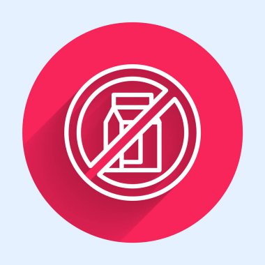 Beyaz çizgi. Süt ikonu paketi yok. Beyaz çizgi arkaplanı izole edilmiş. Süte izin yok. Alerji konsepti, laktoza duyarlılık alerjisi uyarısı. Kırmızı daire düğmesi. Vektör.