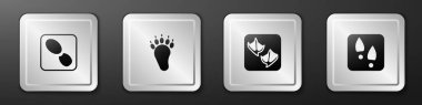 İnsan ayak izleri, ayı pençesi, martı ve ikon. Gümüş kare düğme. Vektör