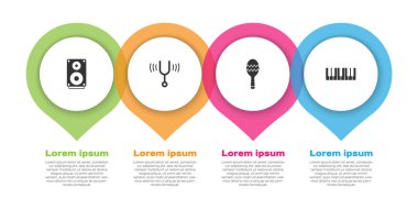Stereo hoparlörü, müzikal ayar çatalı, Maracas ve synthesizer ayarlayın. Ticari bilgi şablonu. Vektör