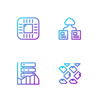 Hat akışını, Sunucu, Veri, Web Sunucusu, İşlemci ve Bulut teknolojisi veri transferini ayarla. Renk simgeleri. Vektör