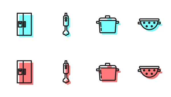 Establecer Línea Olla Cocina Refrigerador Licuadora Icono Del Colador Cocina — Vector de stock