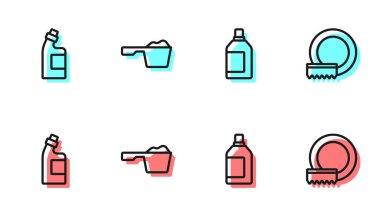 Temizlik ajansı, bulaşık tozu ve bulaşık ikonu için bir çizgi oluştur. Vektör