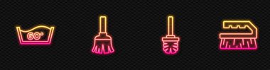 Hat temizleme fırçası, ısı temizleme, tüy süpürgesi ve fırça temizliği. Parlayan neon ikonu. Vektör