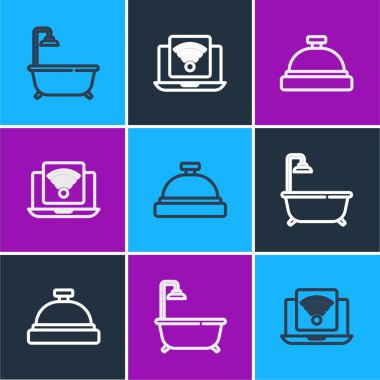 Küveti duşlu, servis zilli ve kablosuz bilgisayar ikonlu ayarla. Vektör