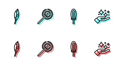 Sihirli kılıcı ateşe, tüye, değneğe ve sihirli ikonla parıldayan yıldızlara çevirin. Vektör