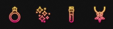 İksirli bir şişe, sihirli taş yüzük, pırıltılı yıldızlar sihir ve pentagram kolye. Parlayan neon ikonu. Vektör
