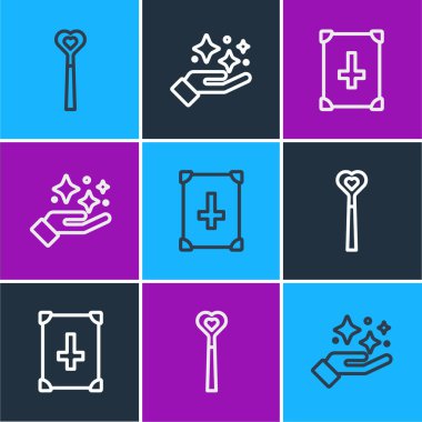 Sihirli değnek, Antik büyü kitabı ve ikonlu ışıldayan yıldızlar. Vektör